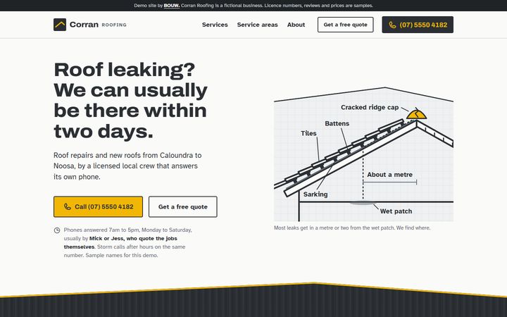 The Corran Roofing home page on a laptop: Roof leaking? above a yellow call button, beside a drawing of a roof with the usual leak points labelled.