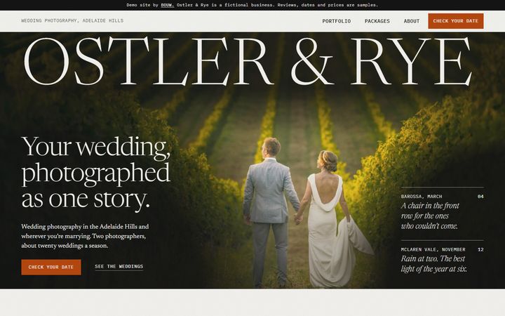 The Ostler & Rye home page on a laptop: the studio name in large serif capitals over a couple walking through a vineyard.