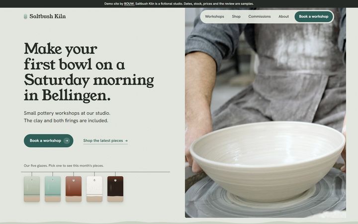 The Saltbush Kiln home page on a laptop: a workshop headline above five glaze test tiles, beside a bowl on the wheel.