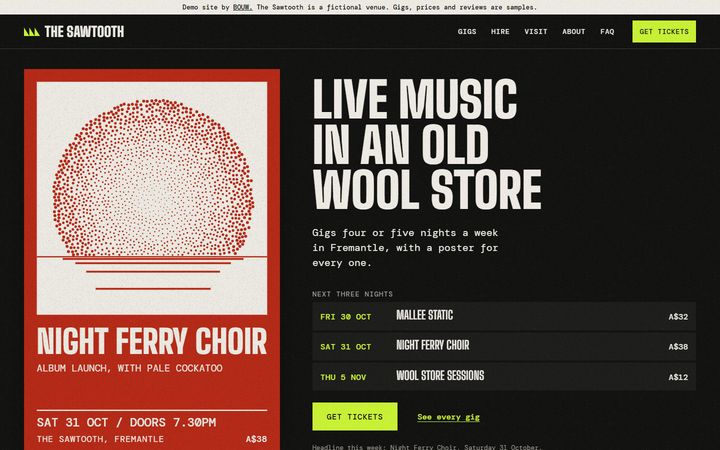 The Sawtooth home page on a laptop: a red gig poster beside the next three nights and a Get tickets button.