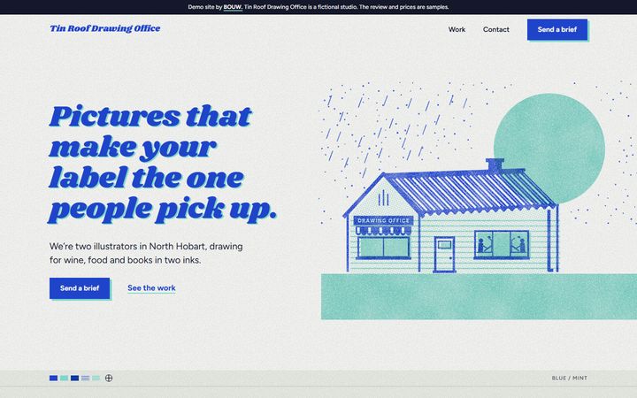 The Tin Roof Drawing Office home page on a laptop: a blue headline beside a two-ink drawing of the studio, a tin-roofed corner shop in the rain with two illustrators at the window.