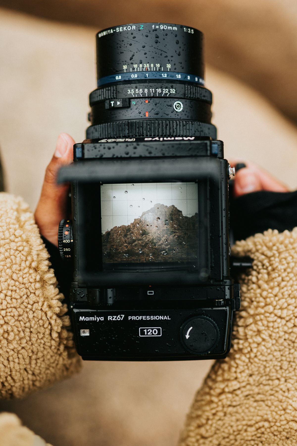 Hands holding a medium-format film camera, a hillside on its viewing screen.